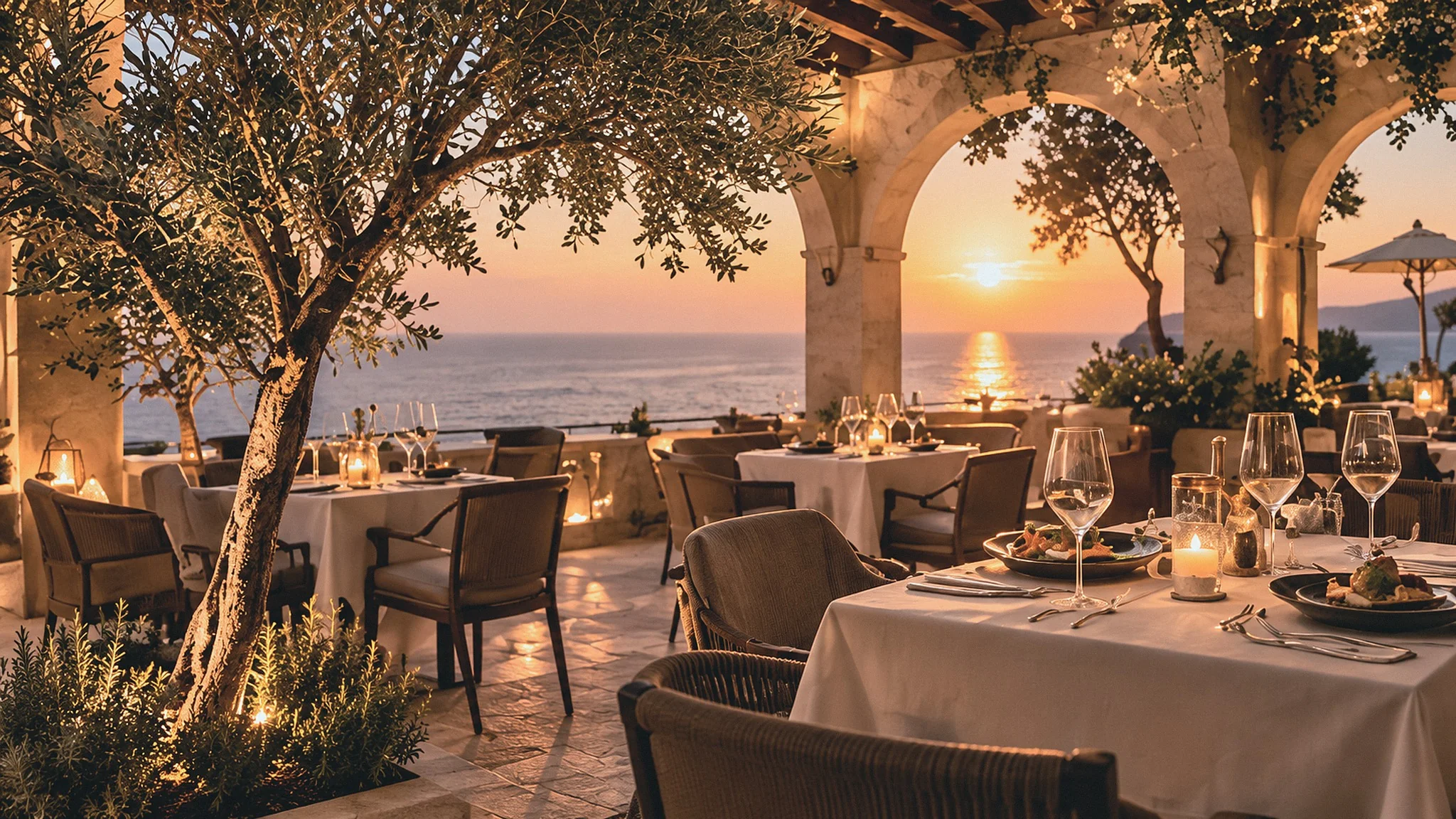Solara's terrace at sunset: candlelit tables under stone arches and an olive tree, the sea beyond.