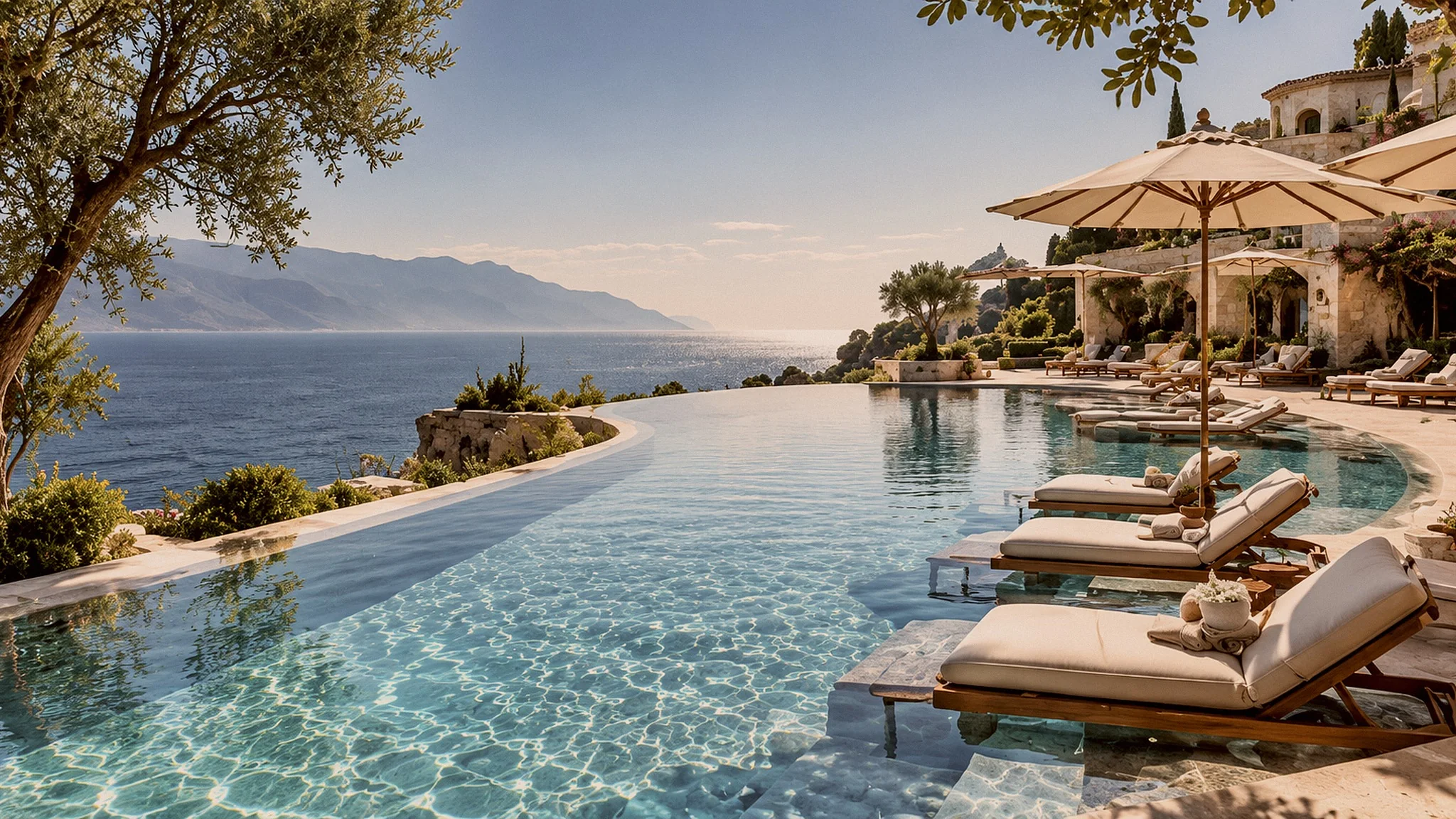 The infinity pool in the afternoon sun, loungers set in the shallows, the sea beyond.
