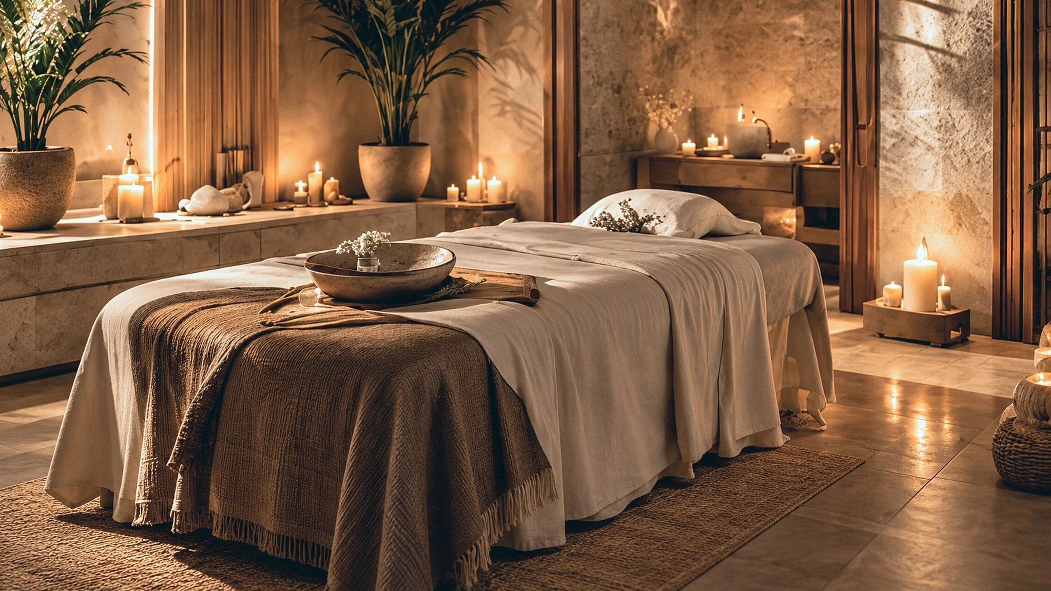 A candlelit treatment room in warm stone, a linen-covered bed and a bowl of dried flowers.