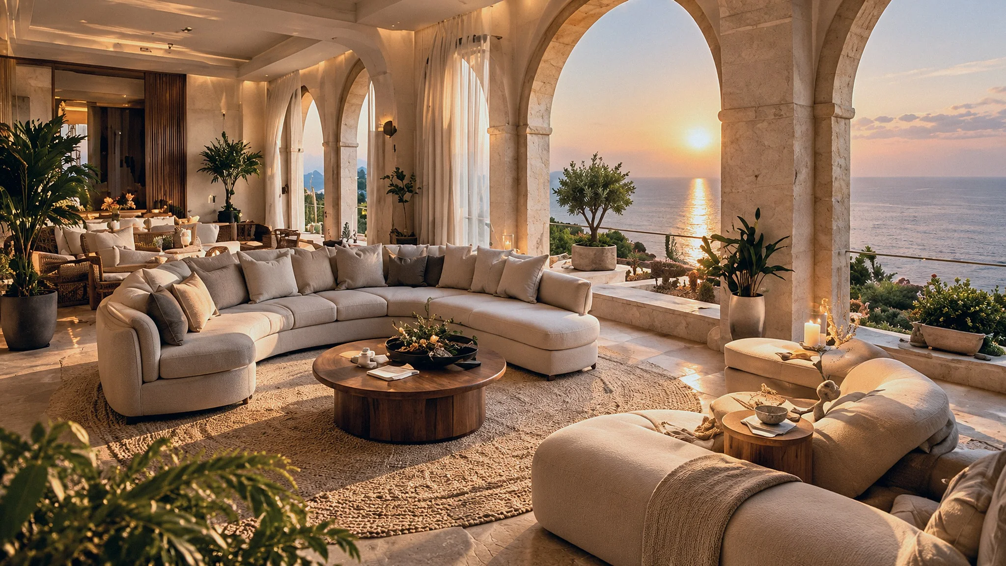 A lounge under stone arches opening to a terrace and the sea at sunset.