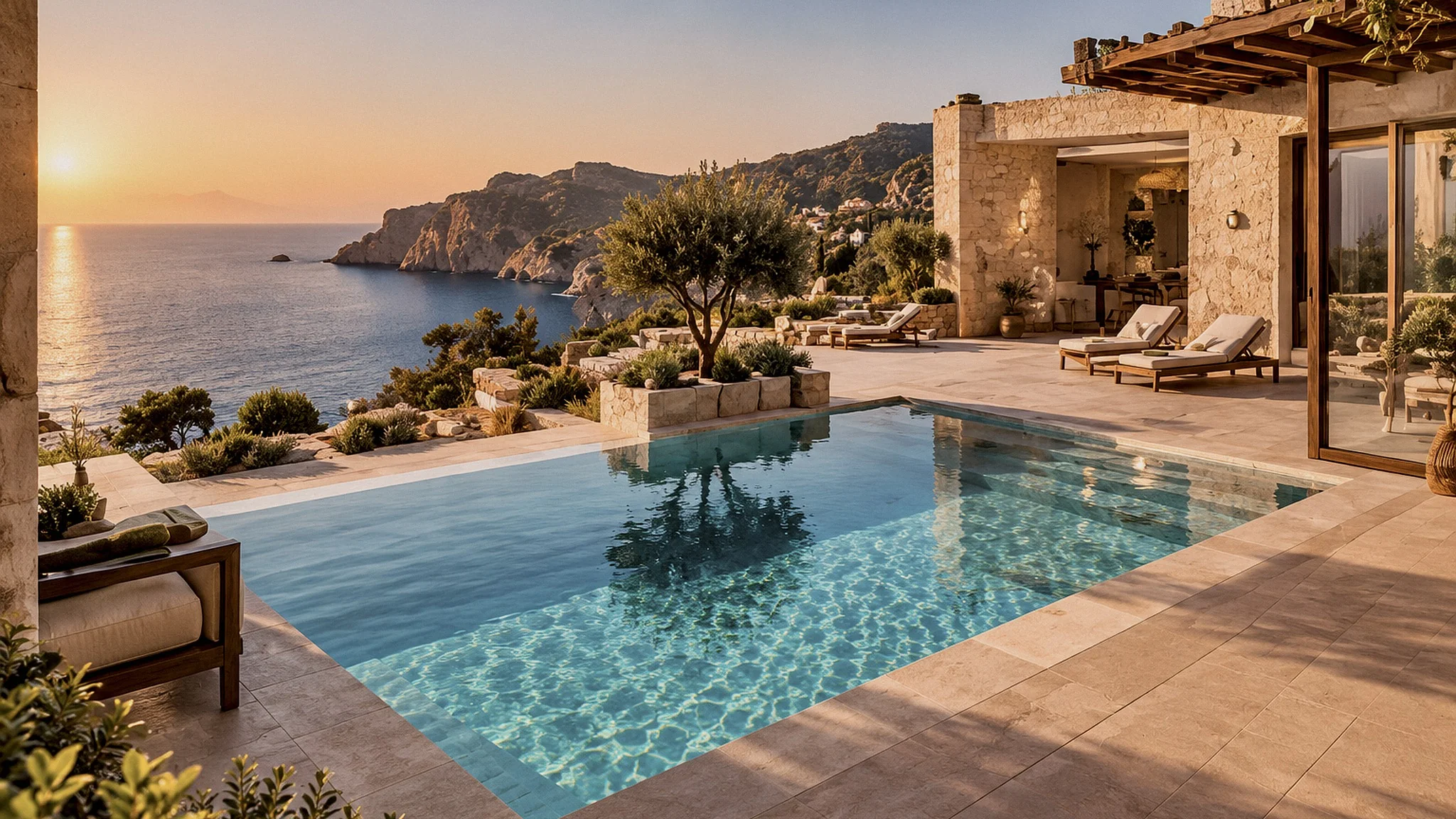 A private villa pool on a stone terrace above the coast at sunset.